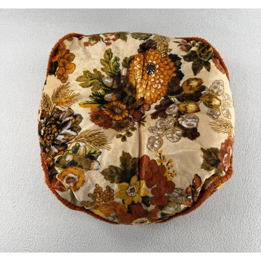 VTG 70s Velvet Floral Round Throw Pillow Orange Green Retro Boho MCM